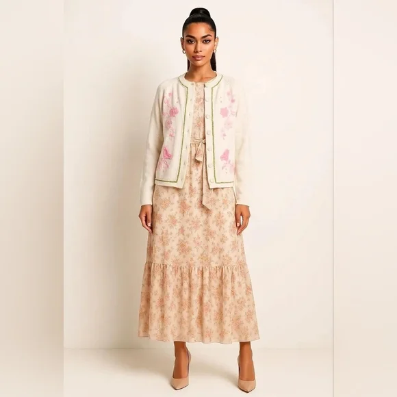 Vintage White Knit Cardigan Pink Embroidery Korea - Picture 2 of 12